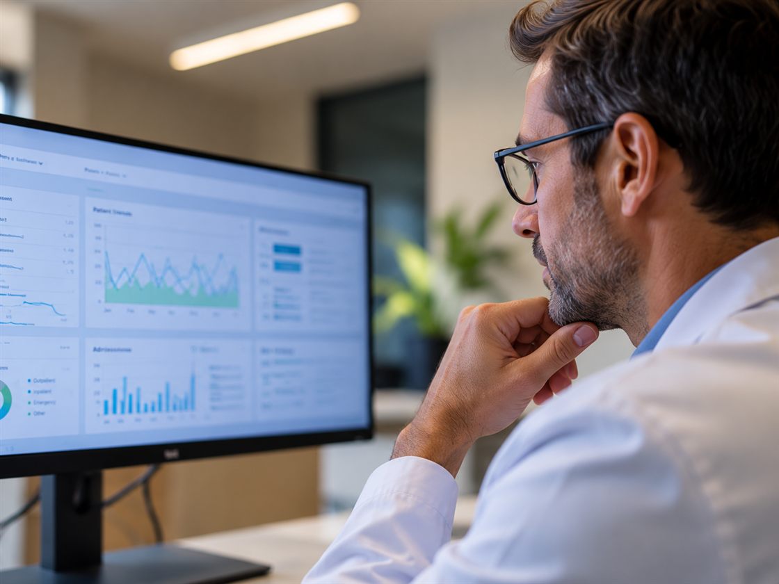 Profissional de saúde analisando indicadores da operação em um monitor